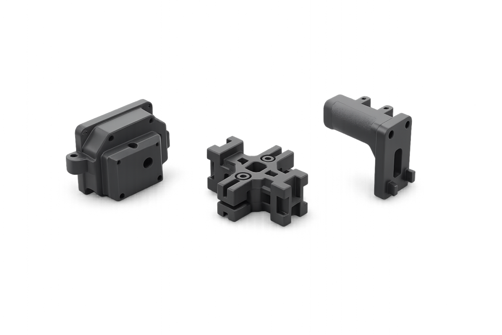 Drei funktionale 3D-gedruckte Kunststoffteile als industrielle Anwendungsbeispiele