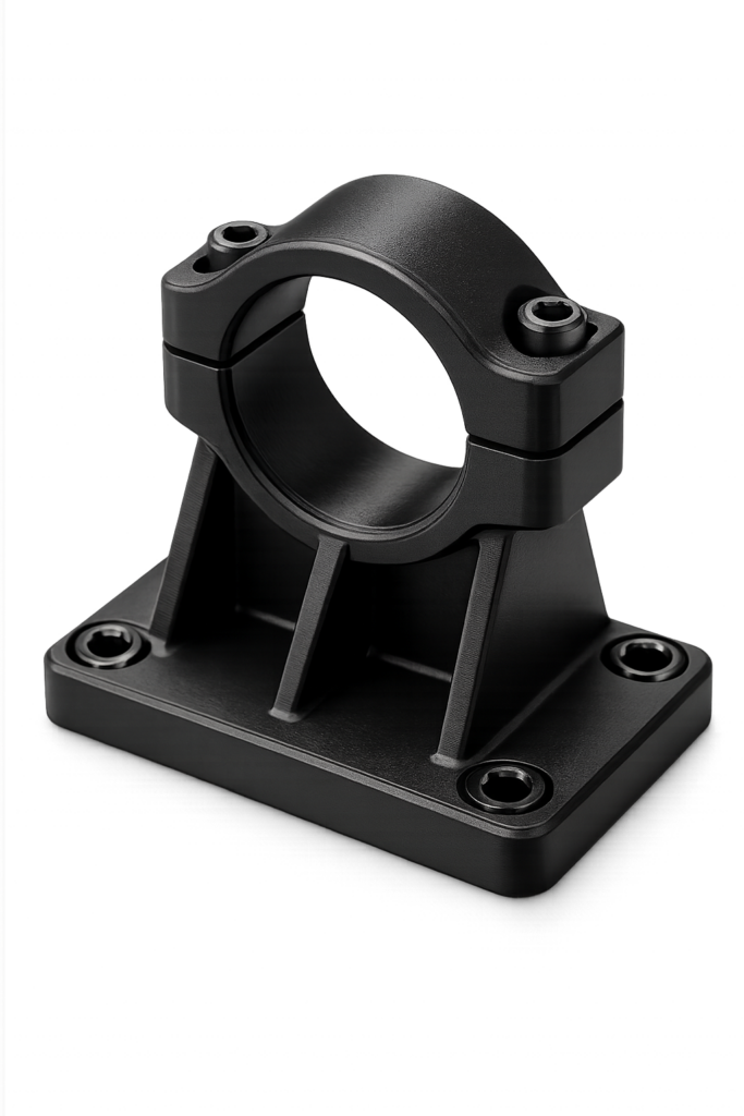 FDM-3D-gedrucktes industrielles Kunststoffbauteil mit sichtbaren Schichtlinien, funktionale Halterung