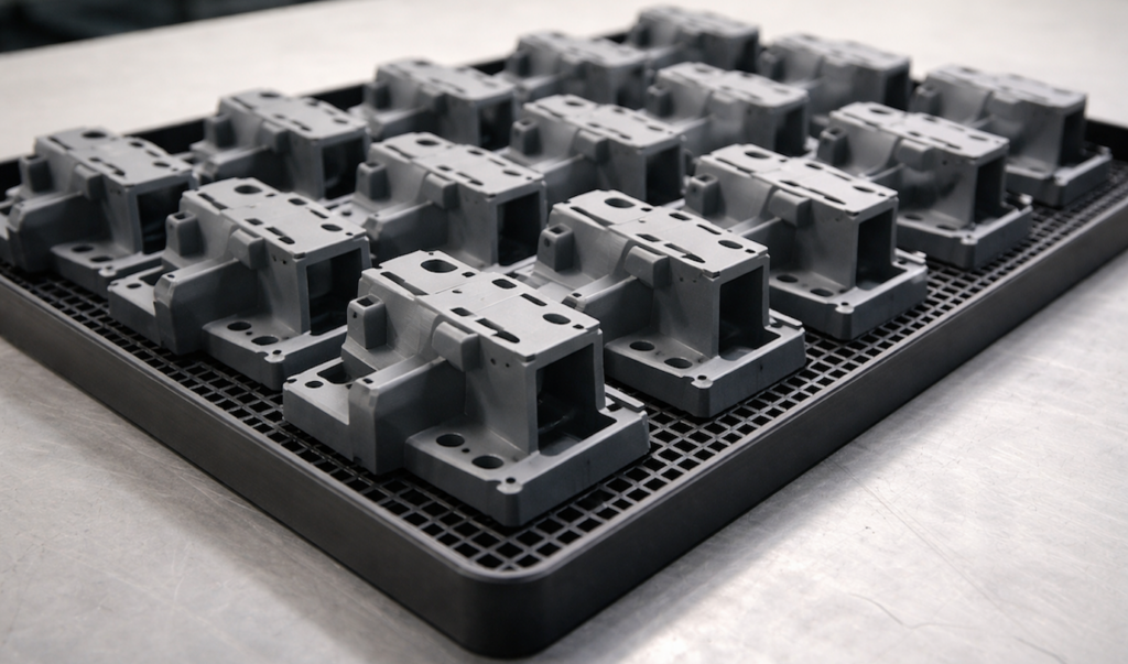 Kleinserien & Serienbauteile. Seriennahe Kunststoffbauteile als Kleinserie im industriellen 3D-Druck, mehrere identische Bauteile geordnet angeordnet