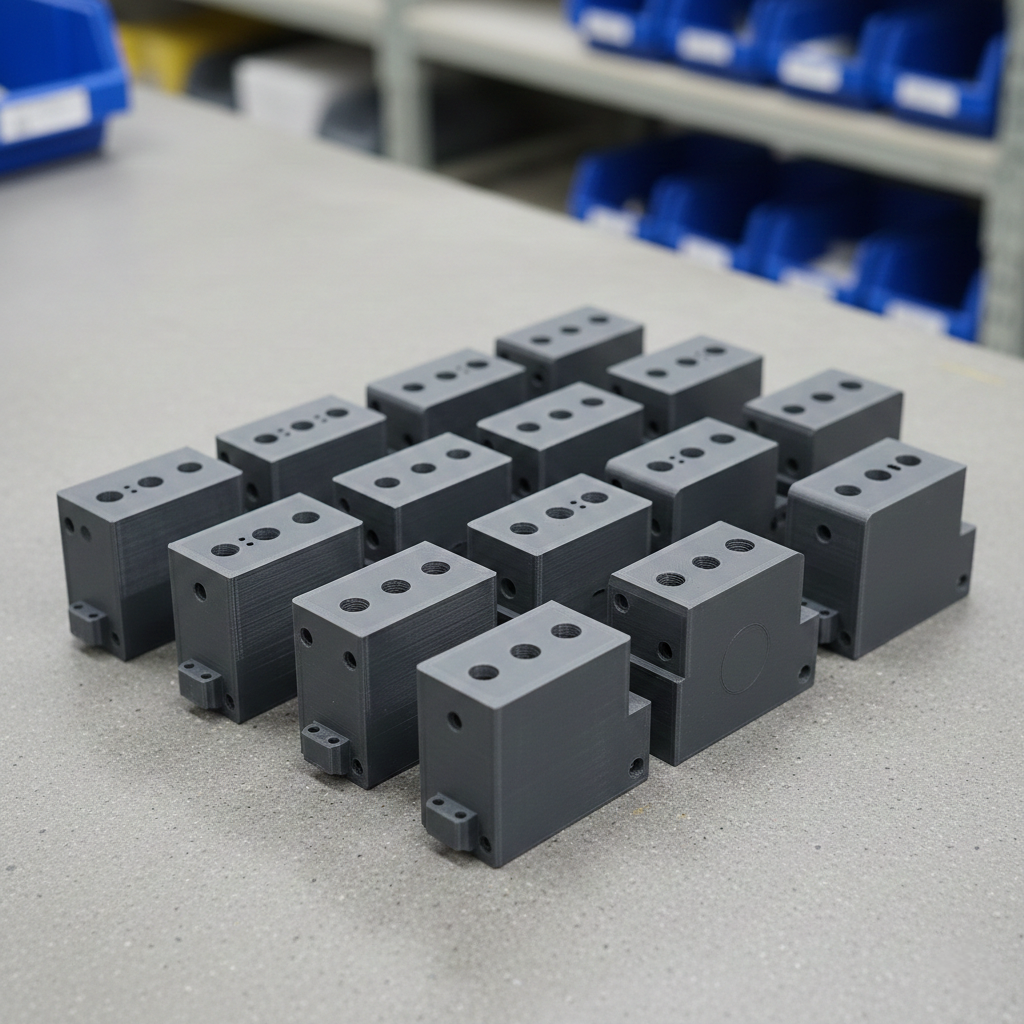 Varianten seriennaher Kunststoffbauteile als Kleinserie im industriellen 3D-Druck, ähnliche Bauteile nebeneinander