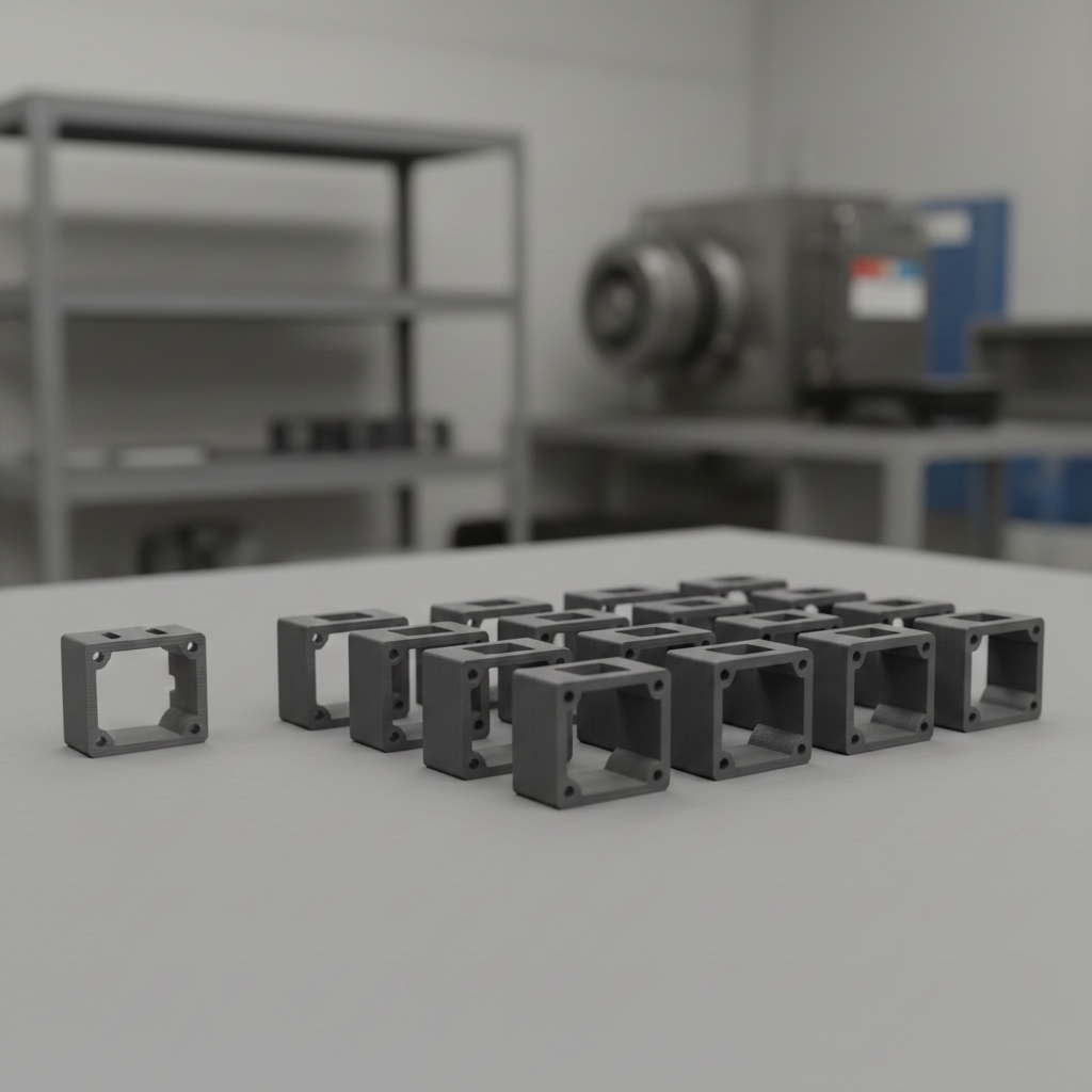 Seriennahe Kunststoffbauteile als Kleinserie zwischen Prototyp und Serie im industriellen 3D-Druck, identische Bauteile geordnet angeordnet