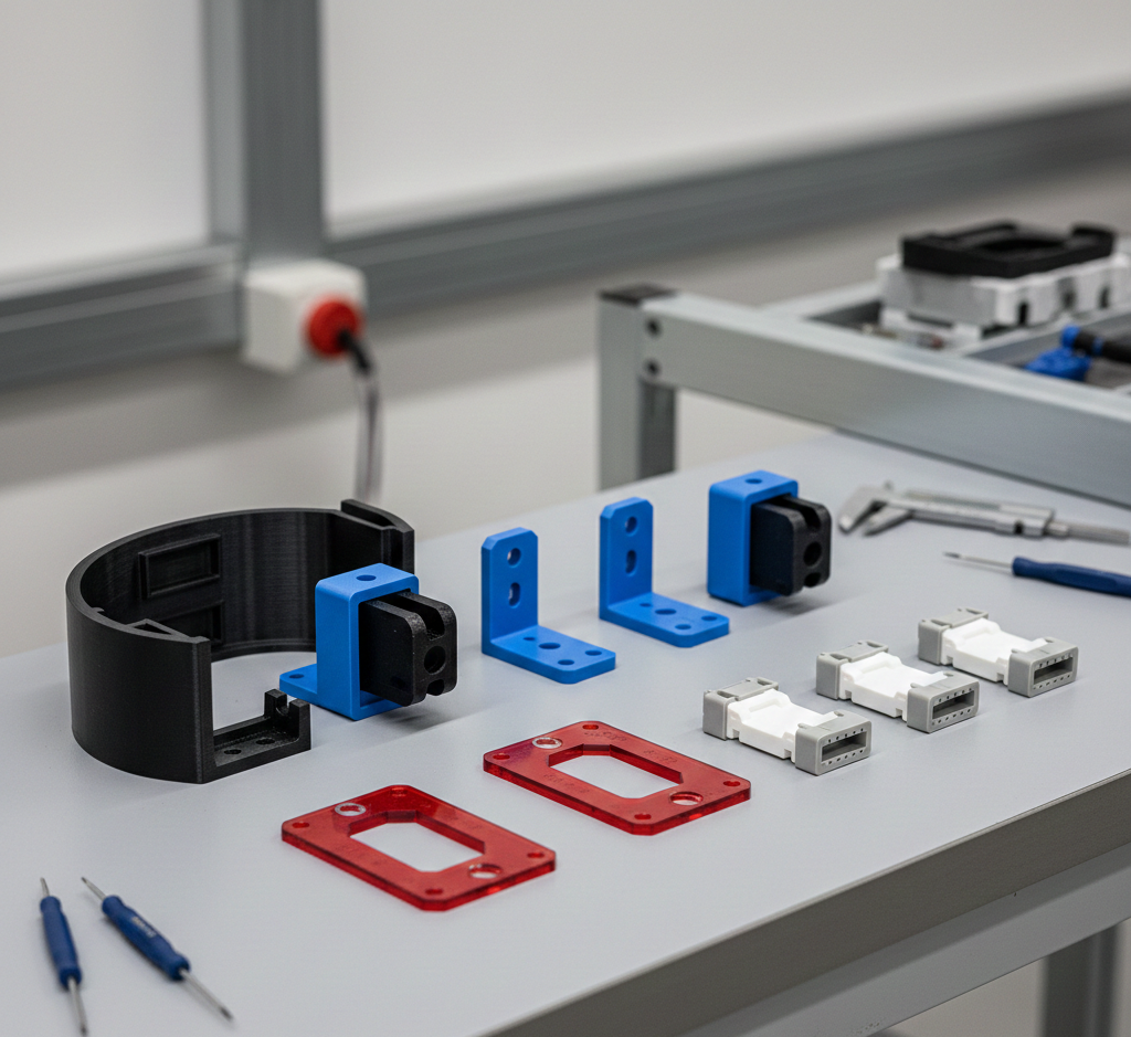 Mehrere industrielle Kunststoff-Prototypen und Funktionsmuster zur Prüfung von Montage, Passung und Variantenvergleich