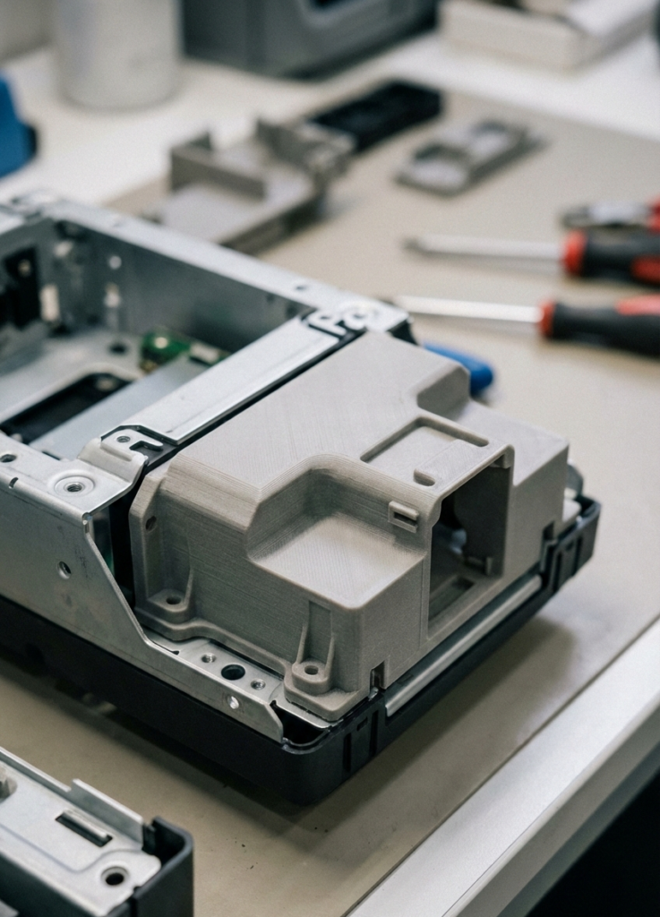 Industrieller Kunststoff-Prototyp zur Montage- und Passungsprüfung in einer technischen Baugruppe