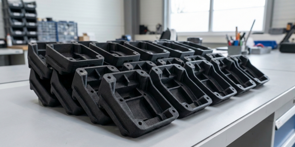 Mehrere identische Kunststoff-Serienbauteile aus dem 3D-Druck als Vorserie und Kleinserie mit Fokus auf Wiederholbarkeit