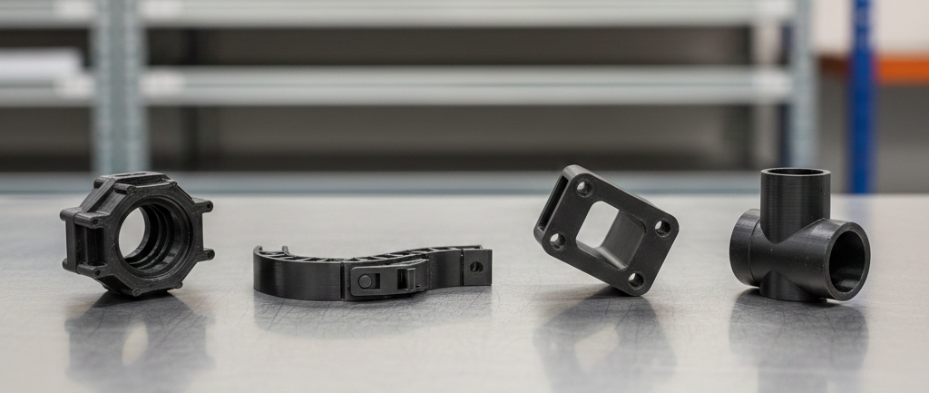 Individuell geformte Kunststoff-Sonderbauteile aus additivem 3D-Druck mit unterschiedlichen Geometrien im industriellen Kontext