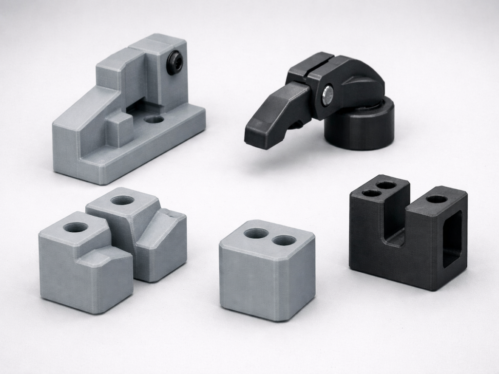 Vorrichtungen & Betriebsmittel aus Kunststoff, Industrielle Vorrichtung mit funktionalen 3D-gedruckten Kunststoff-Positionier- und Auflageelementen zur präzisen Bauteilfixierung