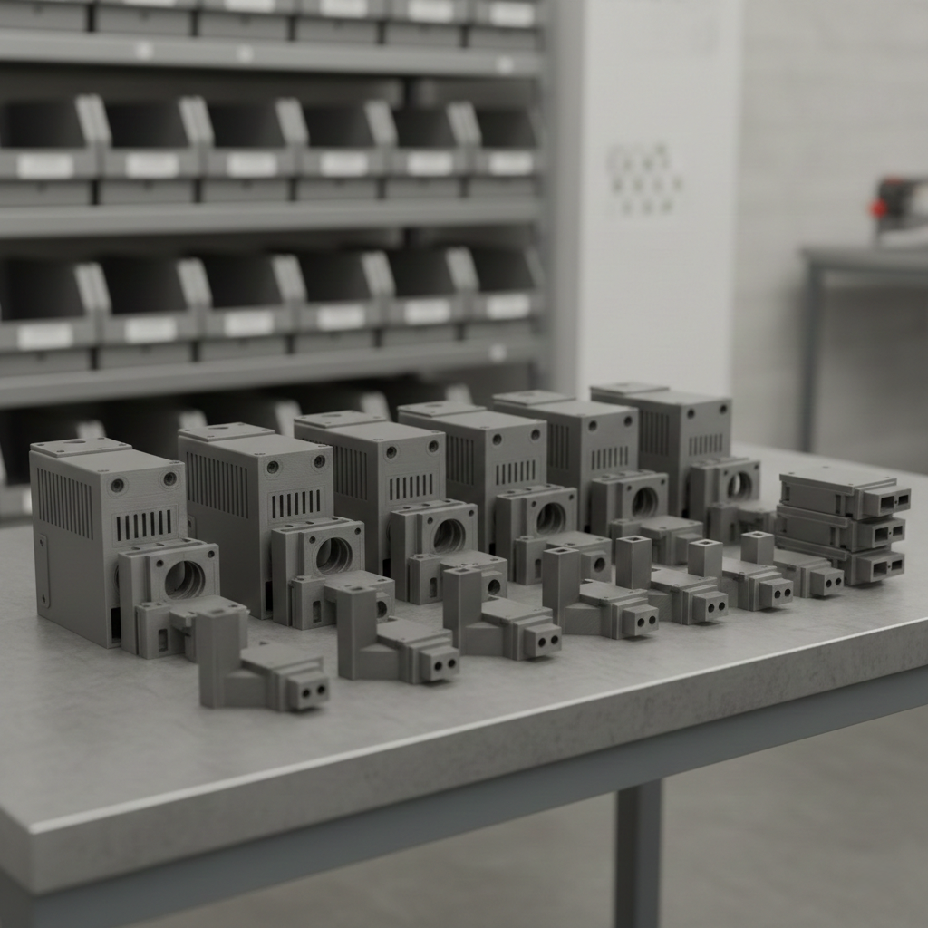 Seriennahe Kunststoffbauteile als Vorserie im industriellen 3D-Druck, identische Bauteile geordnet angeordnet